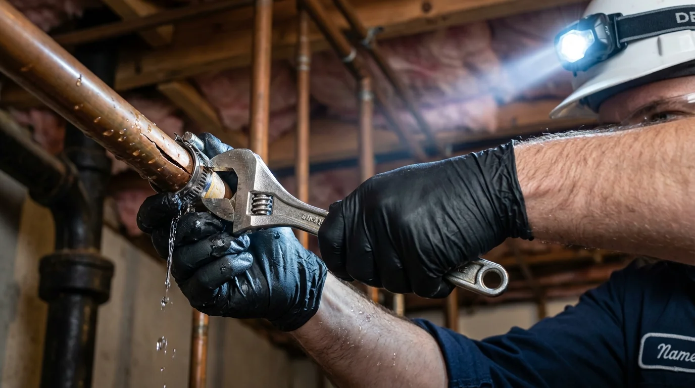 Emergency pipe clamp repair being performed by a Johns Plumbing LLC plumber in Westmoreland