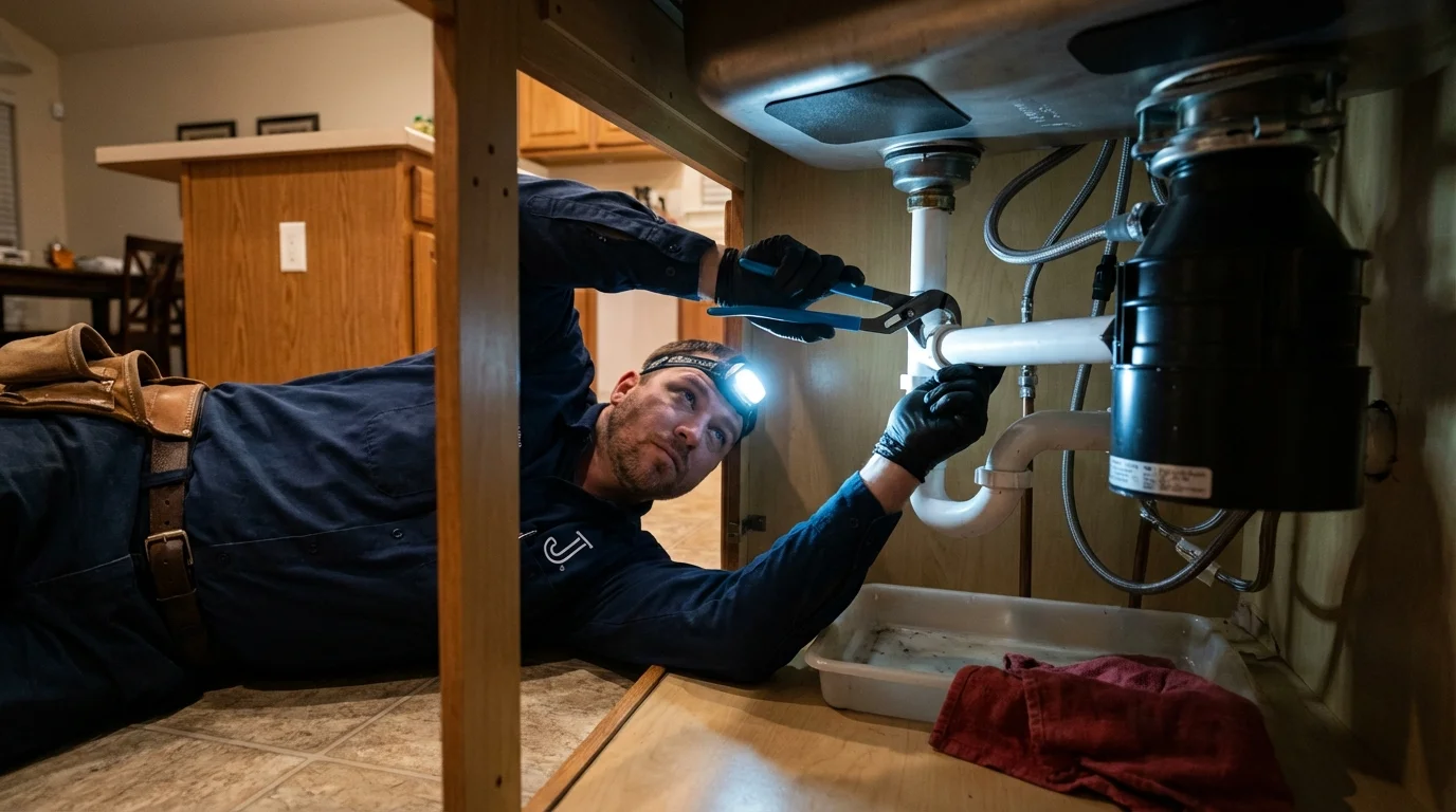 P-trap and supply line connections under a kitchen sink showing a common leak point in Westmoreland, TN
